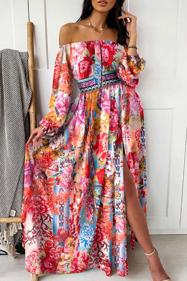 Fashion Street Print Patchwork Off the Shoulder A Line Dresses