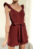 Casual Solid With Bow Stringy Selvedge V Neck Regular Rompers