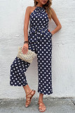 Casual Sweet Polka Dot Bandage Pocket Halter Loose Jumpsuits