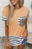 Casual Striped Leopard Patchwork Pocket T-Shirts