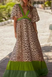 Fashion Elegant Leopard Patchwork Flounce V Neck A Line Dresses(3 Colors)