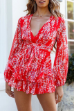 Fashion Elegant Print Frenulum V Neck Rompers