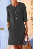 Casual Solid Pocket Buckle O Neck Long Sleeve Dresses