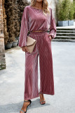 Elegant Solid Pocket O Neck Long Sleeve Two Pieces