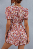 Fashion Elegant Floral With Belt V Neck Rompers