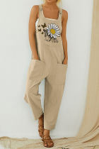 Casual Print Pocket Buttons U Neck Straight Jumpsuits