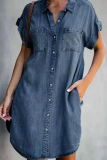 Fashion Street Solid Pocket Buckle Shirt Collar A Line Dresses