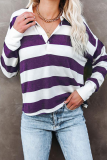 Casual Striped Patchwork Buckle Turndown Collar Tops