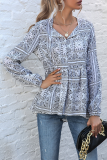 Fashion Elegant Print Tassel Frenulum V Neck Tops