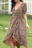 Elegant Print Frenulum V Neck Irregular Dress Dresses
