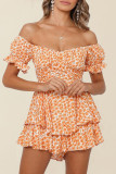 Fashion Street Print Patchwork Off the Shoulder Loose Rompers