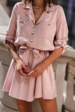 Fashion Elegant Solid Buckle Strap Design Turn-back Collar A Line Dresses