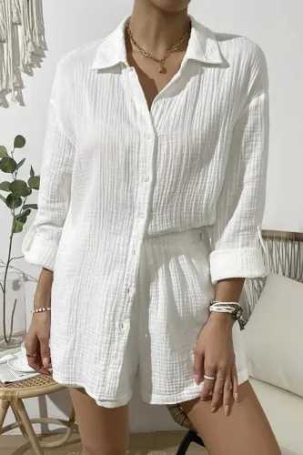 Casual Simplicity Solid Fold Turndown Collar Long Sleeve Two Pieces(8 Colors)