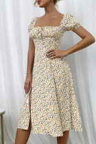 Fashion Sweet Floral Frenulum Slit Square Collar A Line Dresses