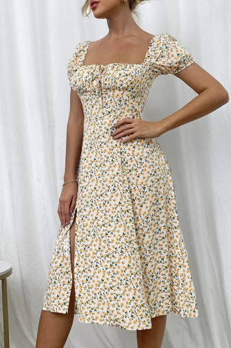 Fashion Sweet Floral Frenulum Slit Square Collar A Line Dresses