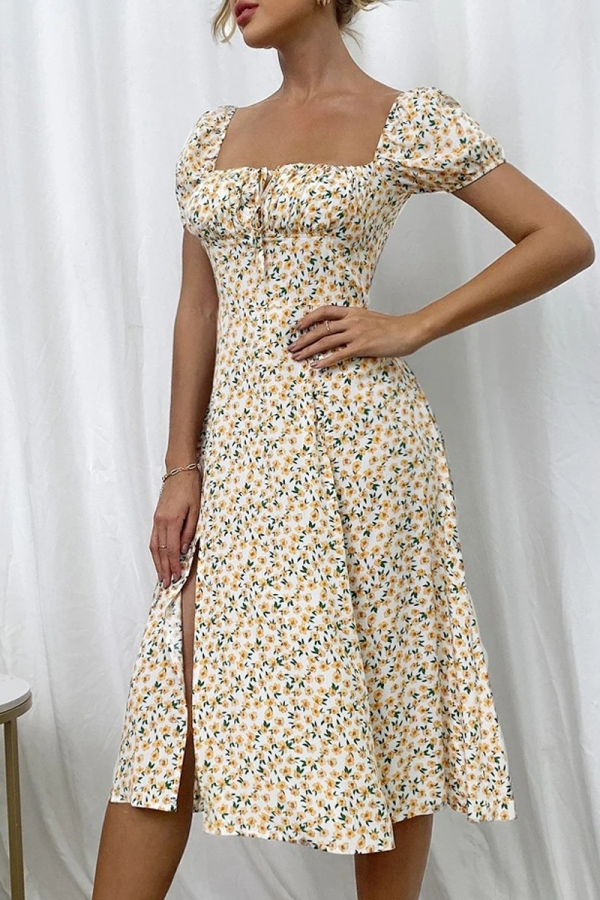 Fashion Sweet Floral Frenulum Slit Square Collar A Line Dresses