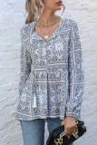 Fashion Elegant Print Tassel Frenulum V Neck Tops