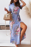 Fashion Elegant Floral Buckle Slit With Belt Turndown Collar A Line Dresses