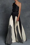 Fashion Elegant Patchwork Contrast Oblique Collar Waist Skirt Dresses