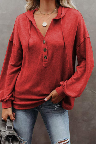 Casual Solid Draw String Hooded Collar Tops