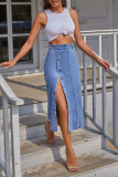 Elegant Solid Buckle Slit Regular High Waist Pencil Solid Color Bottoms