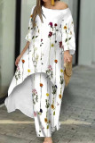Casual Print Asymmetrical O Neck Three Quarter Two Pieces