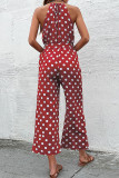 Casual Sweet Polka Dot Bandage Pocket Halter Loose Jumpsuits