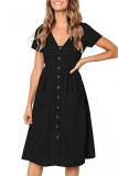 Elegant Solid Pocket Buckle V Neck A Line Dresses