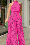 Casual Simplicity Print Patchwork Frenulum Halter Loose Jumpsuits