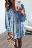 Casual Print Split Joint V Neck Cake Skirt Dresses