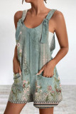 Casual Print Pocket V Neck Loose Rompers