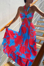 Fashion Bohemian Print Hollowed Out V Neck Princess Dresses