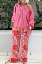 Casual Print Patchwork One Shoulder Half Sleeve Two Pieces