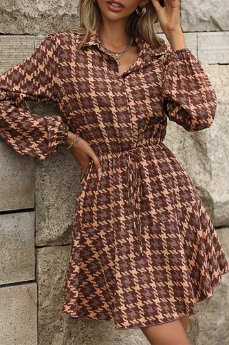 Elegant College Plaid Frenulum Turndown Collar A Line Dresses