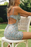 Fashion Street Floral Frenulum Backless Wrapped Skirt Dresses