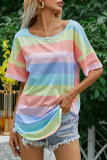 Fashion Casual Striped Split Joint O Neck T-Shirts