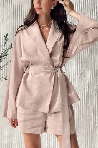 Casual Solid Frenulum Turndown Collar Long Sleeve Two Pieces