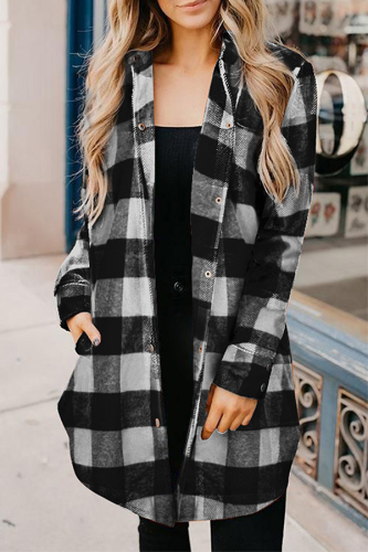 Casual Plaid Pocket Buckle Turndown Collar Outerwear