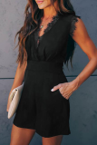 Street Solid Lace Patchwork V Neck Rompers