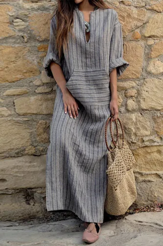 Casual College Striped Patchwork V Neck One Step Skirt Dresses