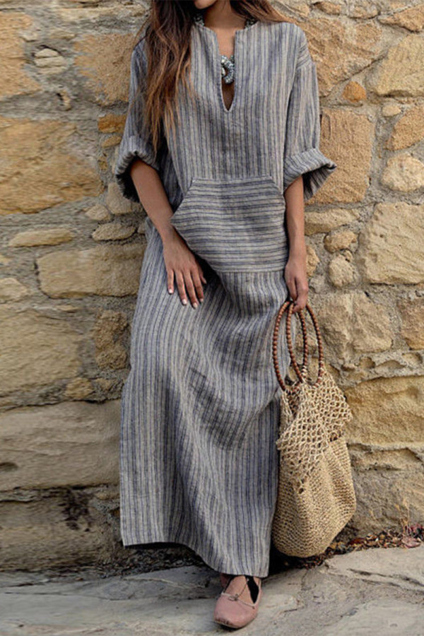 Casual College Striped Patchwork V Neck One Step Skirt Dresses