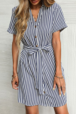 Elegant Striped Buckle With Belt Turndown Collar A Line Dresses