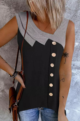 Work Simplicity Patchwork Buttons Asymmetrical Collar T-Shirts