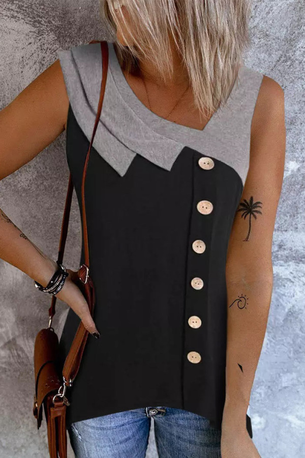 Work Simplicity Patchwork Buttons Asymmetrical Collar T-Shirts