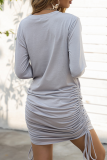 Fashion Elegant Solid Draw String Frenulum O Neck Long Sleeve Dresses