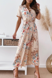 Fashion Elegant Floral Buckle Slit With Belt Turndown Collar A Line Dresses