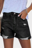 Street Solid Ripped Make Old Mid Waist Straight Denim Shorts