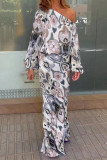 Sexy Floral Asymmetrical Oblique Collar Long Sleeve Two Pieces