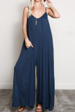 Fashion Street Solid Split Joint V Neck Loose Jumpsuits
