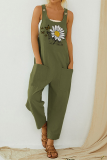 Casual Print Pocket Buttons U Neck Straight Jumpsuits